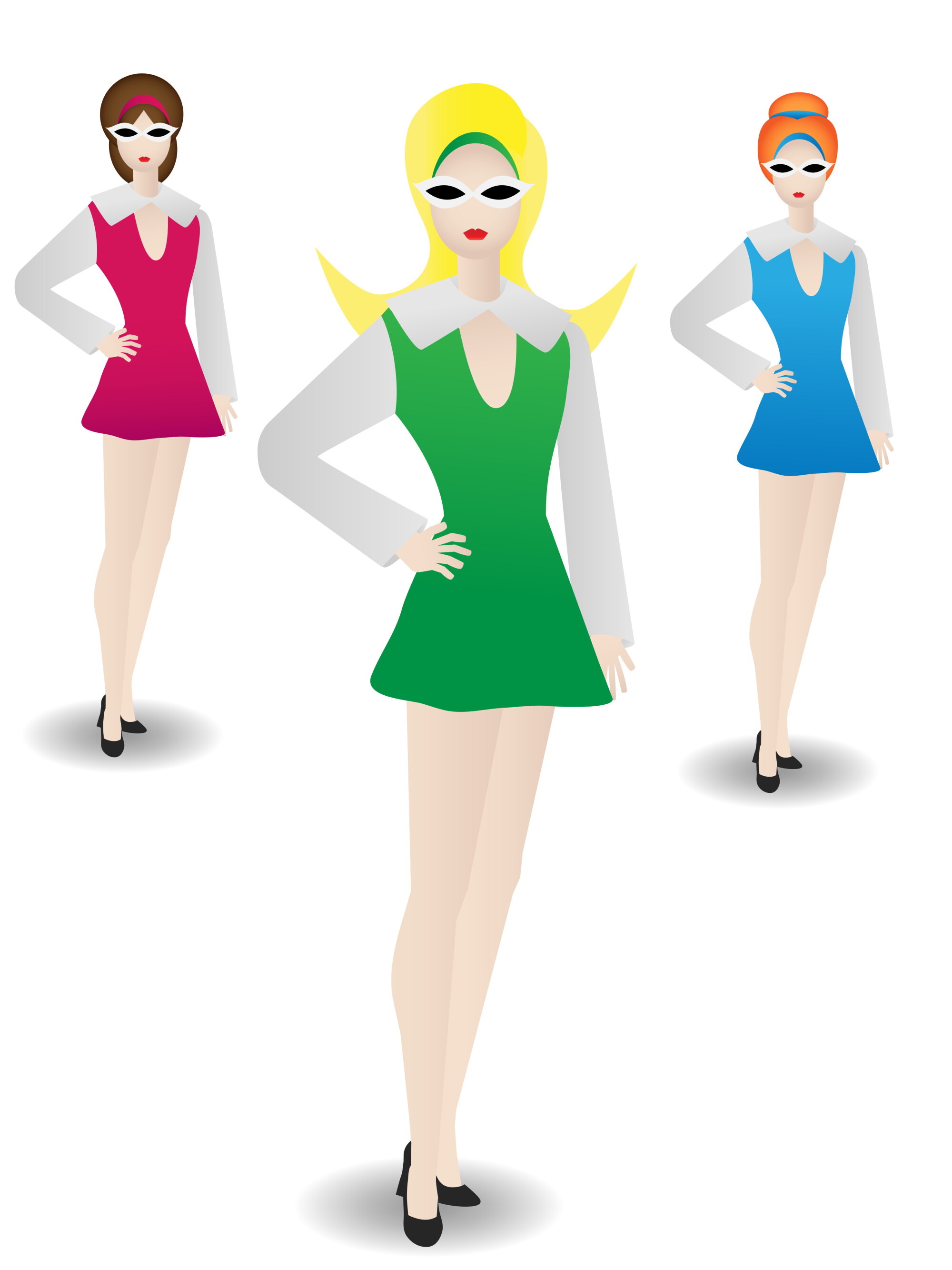 Stylized illustration of three women in mod-inspired outfits, each wearing white cat-eye sunglasses, white long-sleeve tops with exaggerated collars, and brightly colored sleeveless mini dresses in pink, green, and blue. They have distinct hairstyles: brunette with a headband, blonde with pointed ends, and redhead in a beehive. All three stand confidently with one hand on their hip, evoking a retro 1960s fashion aesthetic.