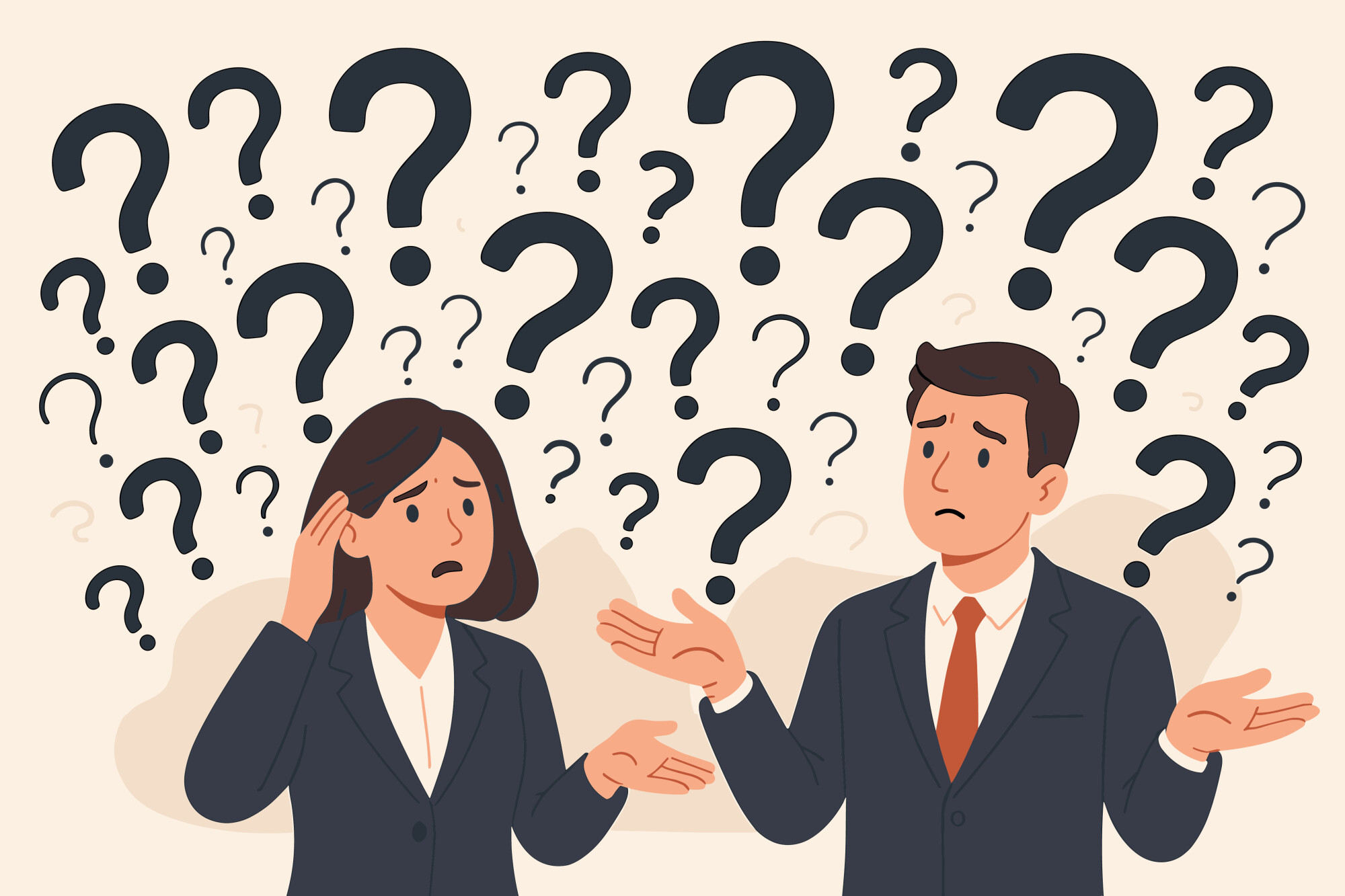 Illustration of a confused man and woman in business attire surrounded by large floating question marks. Both characters have uncertain expressions and hand gestures, visually representing confusion or lack of clarity in a professional context.