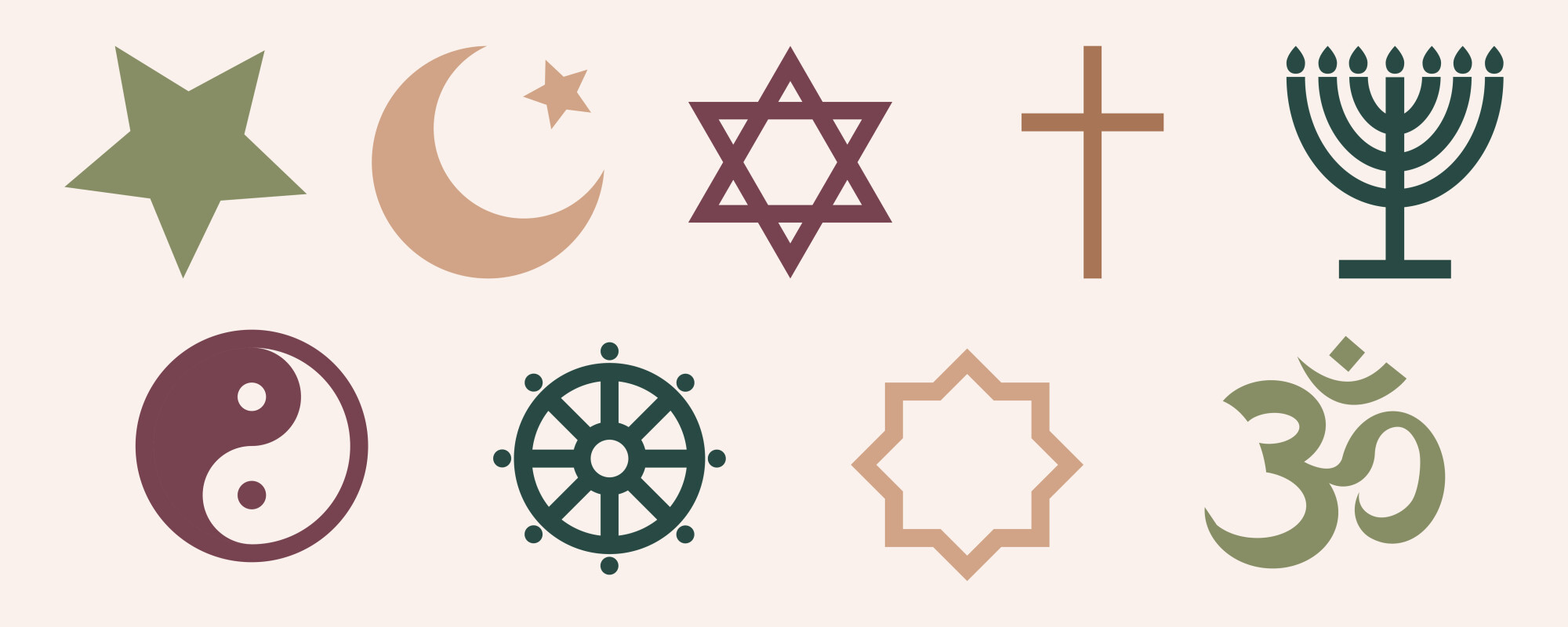 Set of minimalist religious and spiritual symbols including a star crescent moon, Star of David, cross, menorah, yin yang, dharma wheel, Islamic geometric star, and Om symbol arranged on a neutral background.