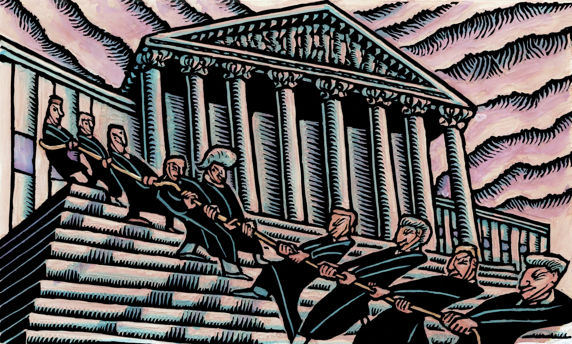 This stylized illustration depicts a tug-of-war on the steps of a neoclassical courthouse, likely representing the U.S. Supreme Court. Figures in judicial robes pull a rope in opposite directions, symbolizing ideological or political tension among justices or within the judicial system. The exaggerated architecture and turbulent sky enhance the sense of conflict and imbalance.
