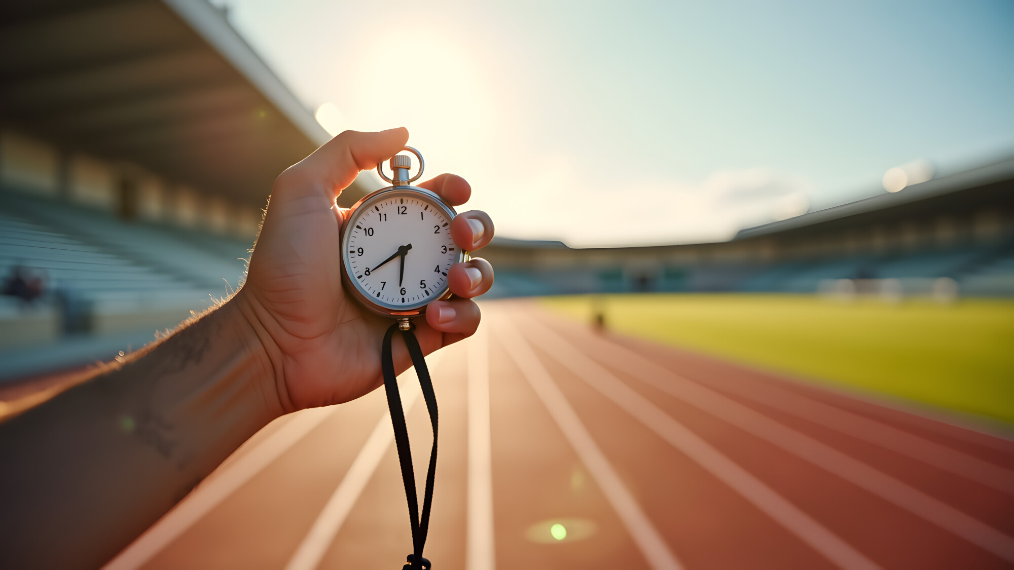 Close-up of a hand holding a classic stopwatch in front of a sunlit running track at an outdoor stadium. The stopwatch shows approximately 7:39, with blurred bleachers and track lanes in the background, suggesting timing during athletic training or a race.