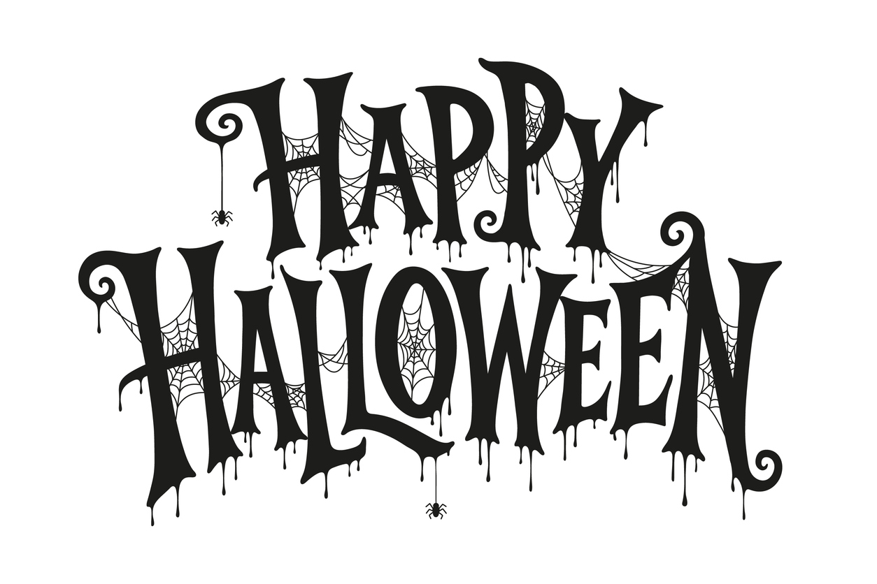 Happy Halloween The words "Happy Halloween" in large black gothic lettering with dripping edges against a white background. Intricate spiderwebs stretch between the letters with small hanging spiders, creating a spooky Halloween design.