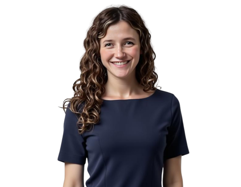 Professional headshot of Kelly McGrath wearing a navy-blue blouse, posed against a light blue and white geometric background.