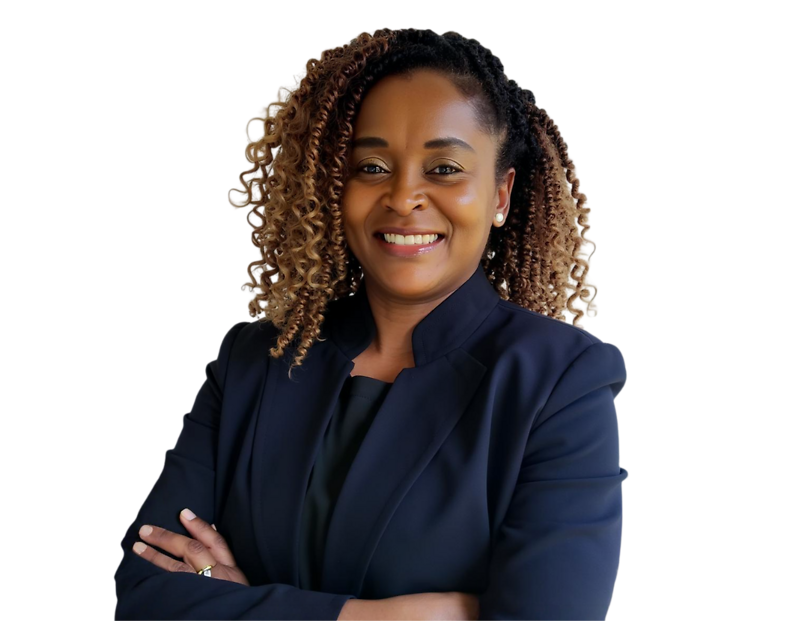 Professional headshot of Barbara Kihumba, senior counsel specializing in immigration law, smiling confidently with arms crossed. She wears a dark blazer over a black top, with curly highlighted hair styled to the side