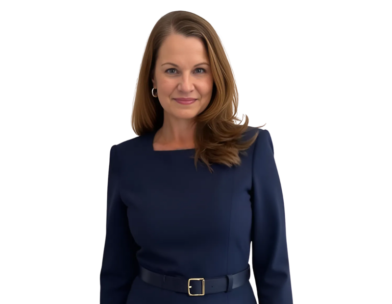 Professional photo of Kristine Sims wearing a navy blue belted dress and small hoop earrings. She is posed against a transparent background, looking directly at the camera with a confident and approachable expression.