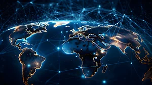 Digital rendering of Earth from space highlighting North America, Europe, and Africa, with glowing city lights and interconnected network lines. The image symbolizes global communication, connectivity, and advanced technology infrastructure.