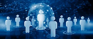 Digital illustration of blue human-shaped icons arranged in a network, with one larger central figure enclosed in a glowing sphere of connected lines and nodes. The image conveys concepts of leadership, networking, data protection, or targeted technology.