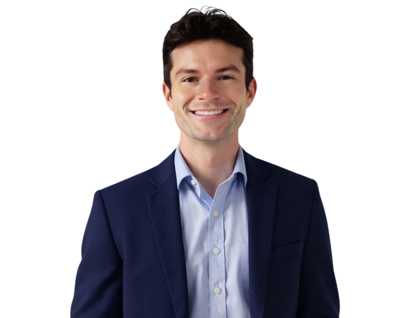 Professional headshot of Benjamin Rowley smiling, wearing a navy blue suit with a light blue dress shirt posed against a softly blurred light background.