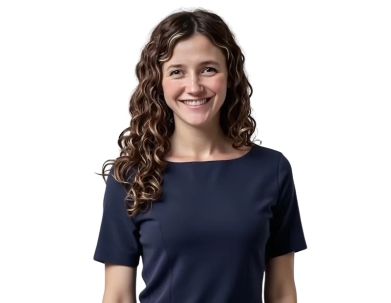 Professional headshot of Kelly McGrath wearing a navy-blue blouse, posed against a light blue and white geometric background.