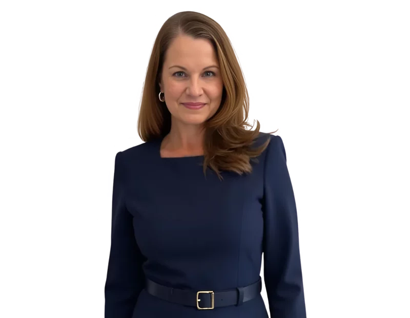 Professional photo of Kristine Sims wearing a navy blue belted dress and small hoop earrings. She is posed against a transparent background, looking directly at the camera with a confident and approachable expression.
