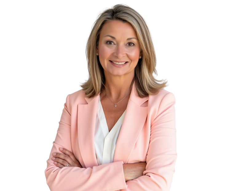 Mary Dohner Smith in a light pink blazer and white blouse, smiling in front of a light geometric background.